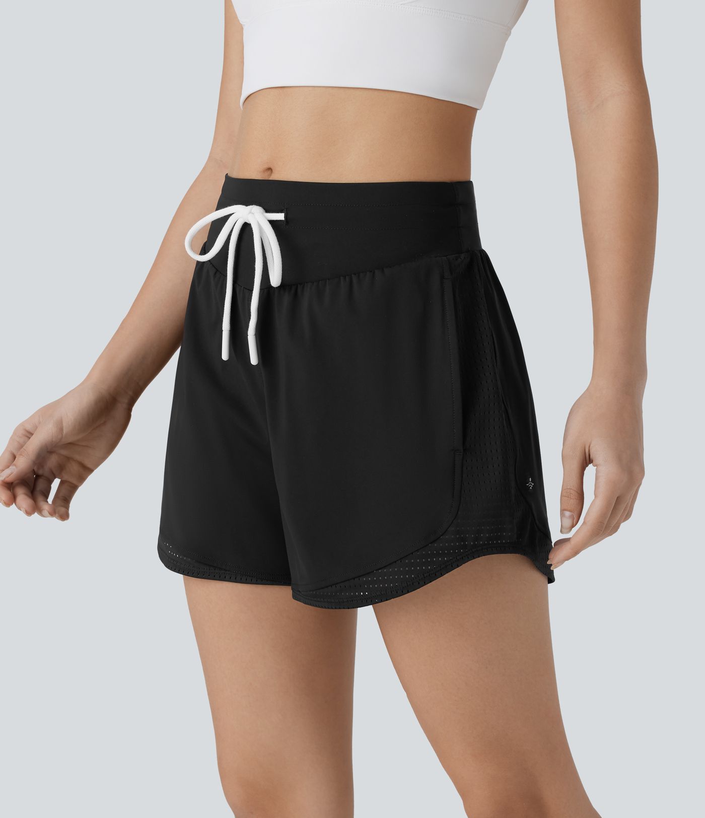 High Waisted Drawstring Side Pocket Cut Out Curved Hem Cool Touch Quick Dry Running Shorts 3''