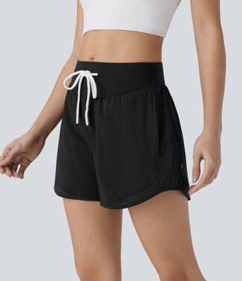 High Waisted Drawstring Side Pocket Cut Out Curved Hem Cool Touch Quick Dry Running Shorts 3''