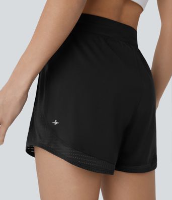 High Waisted Drawstring Side Pocket Cut Out Curved Hem Cool Touch Quick Dry Running Shorts 3''