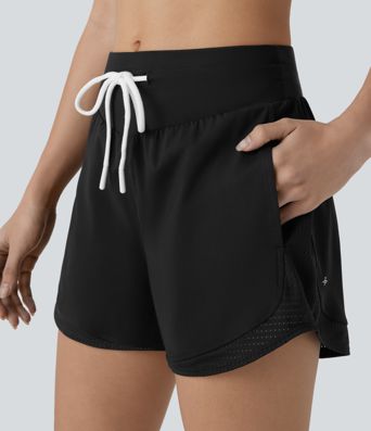 High Waisted Drawstring Side Pocket Cut Out Curved Hem Cool Touch Quick Dry Running Shorts 3''