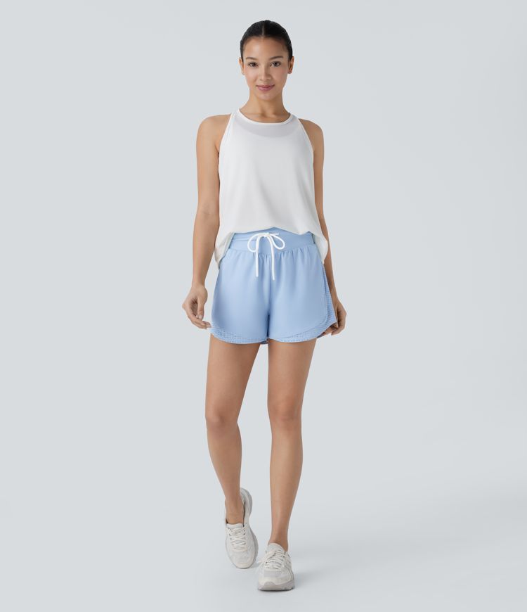 High Waisted Drawstring Pocket Cut Out Curved Hem Cool Touch Quick Dry Running Shorts 3''