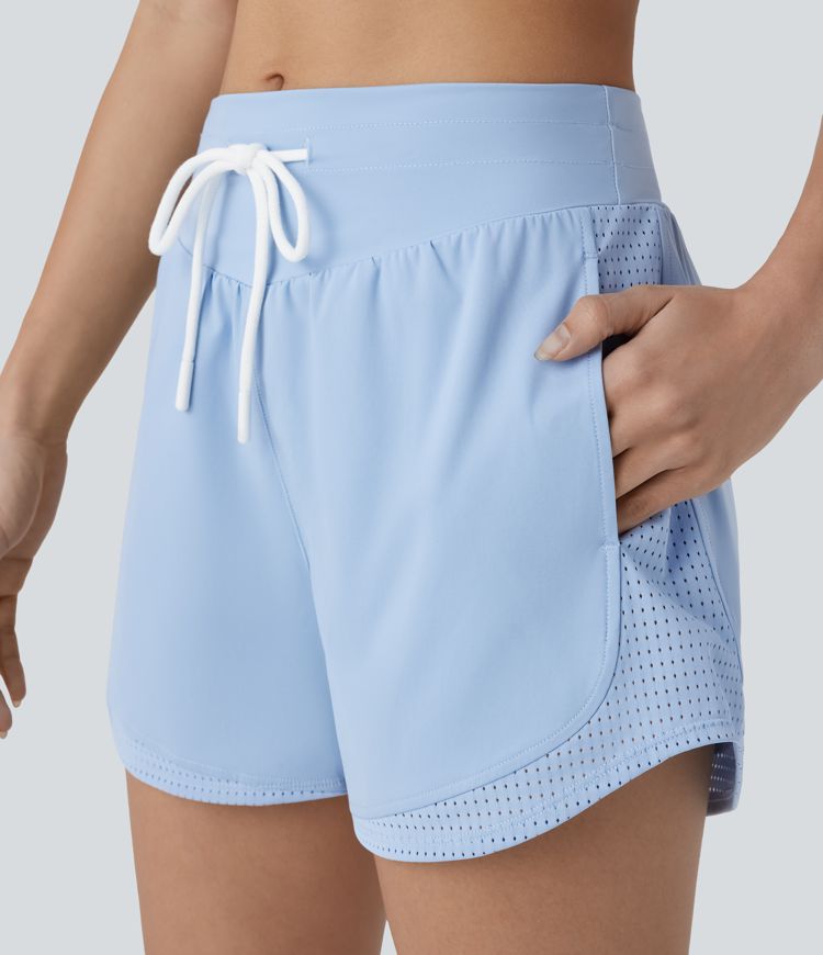 High Waisted Drawstring Pocket Cut Out Curved Hem Cool Touch Quick Dry Running Shorts 3''