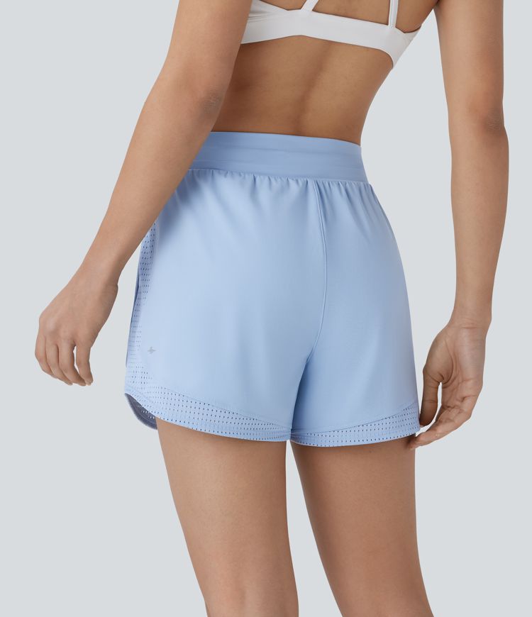 High Waisted Drawstring Pocket Cut Out Curved Hem Cool Touch Quick Dry Running Shorts 3''