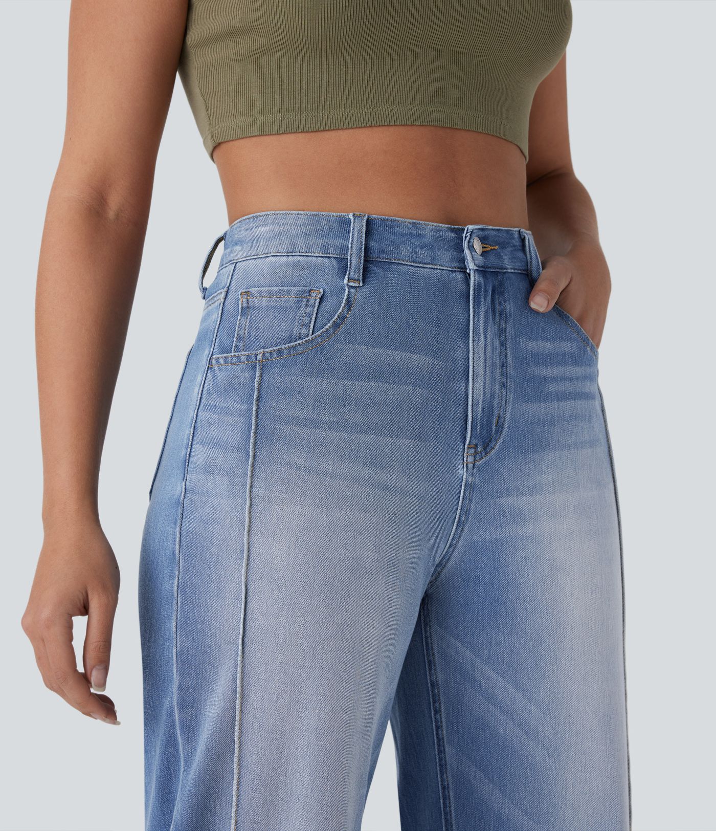 Halara Flex™ High Waisted Pockets Washed Denim Casual Women Wide Leg Baggy Denim Jeans