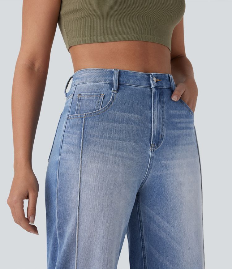 Halara Flex™ High Waisted Pockets Washed Denim Casual Women Wide Leg Baggy Denim Jeans