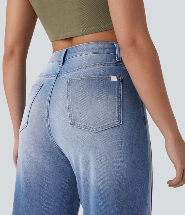 Halara Flex™ High Waisted Pockets Washed Denim Casual Women Wide Leg Baggy Denim Jeans
