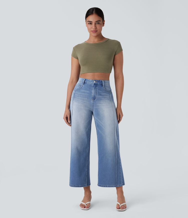 Halara Flex™ High Waisted Pockets Washed Denim Casual Women Wide Leg Baggy Denim Jeans