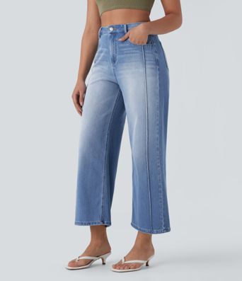 Halara Flex™ High Waisted Pockets Washed Denim Casual Women Wide Leg Baggy Denim Jeans