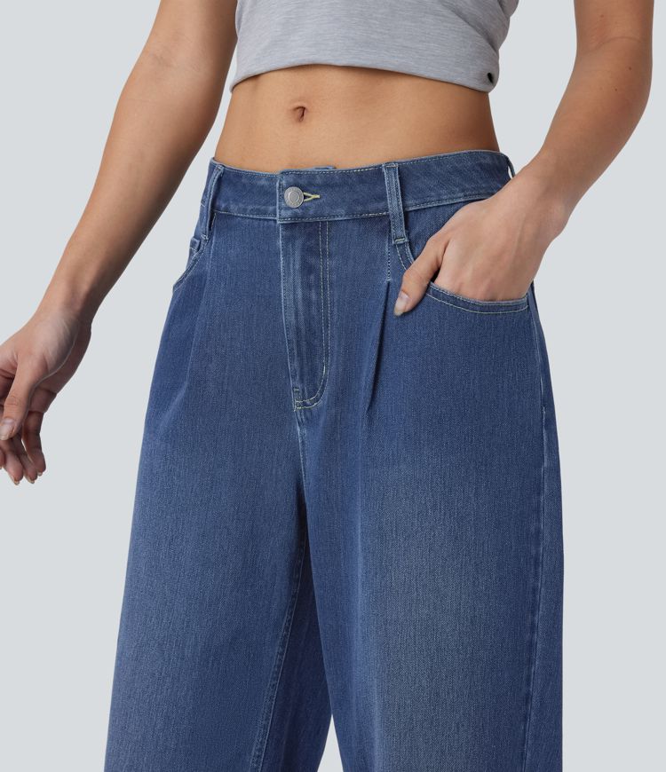 Halara Flex™ Low Rise Multiple Pockets Baggy Washed Stretchy Knit Casual Jeans