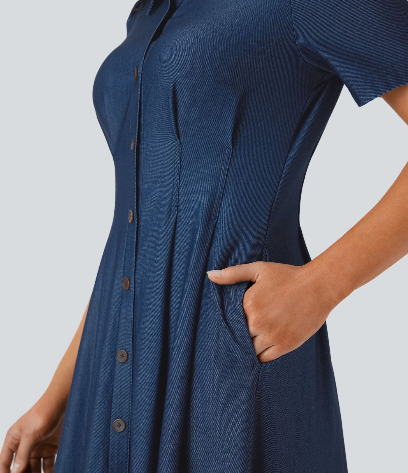 Halara Flex™ Short Sleeve Pocket Denim Flare Midi Casual Dress