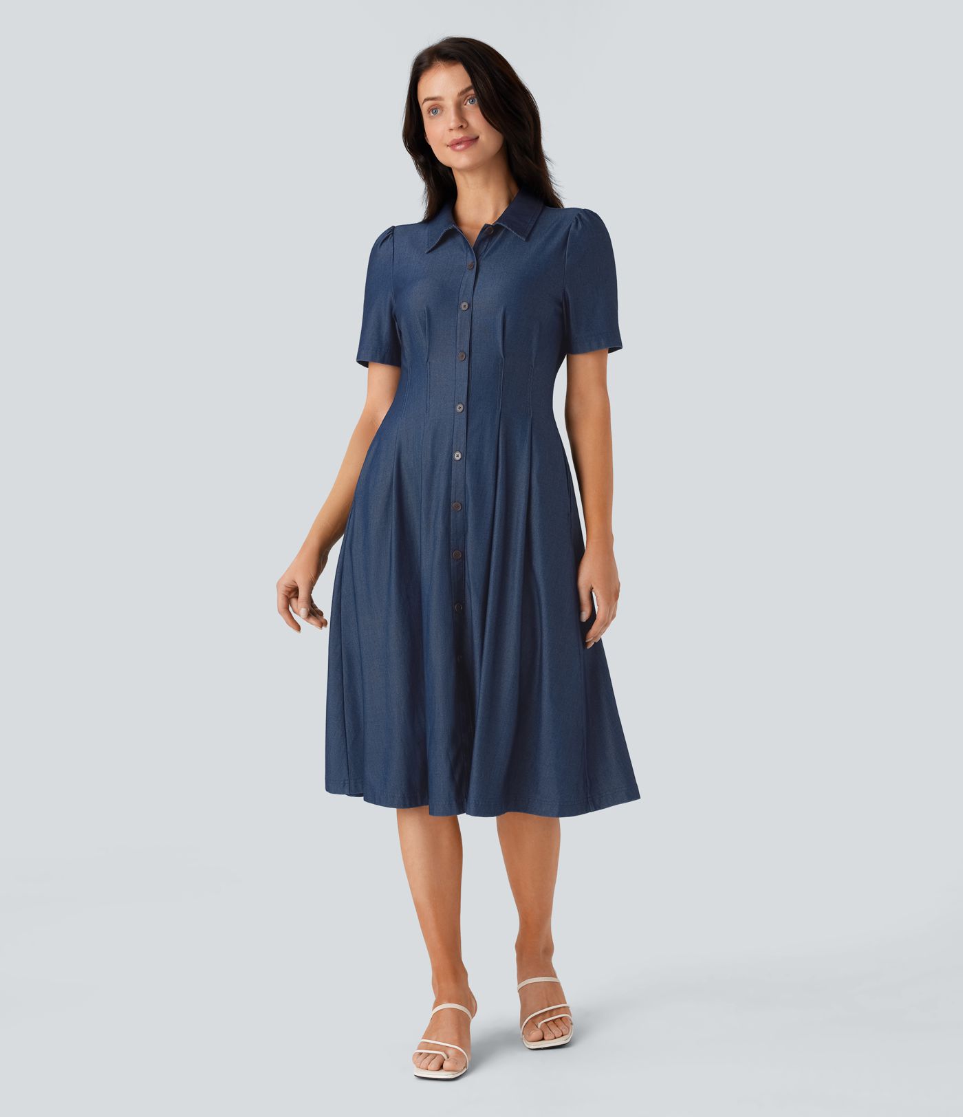 Halara Flex™ Short Sleeve Pocket Denim Flare Midi Casual Dress