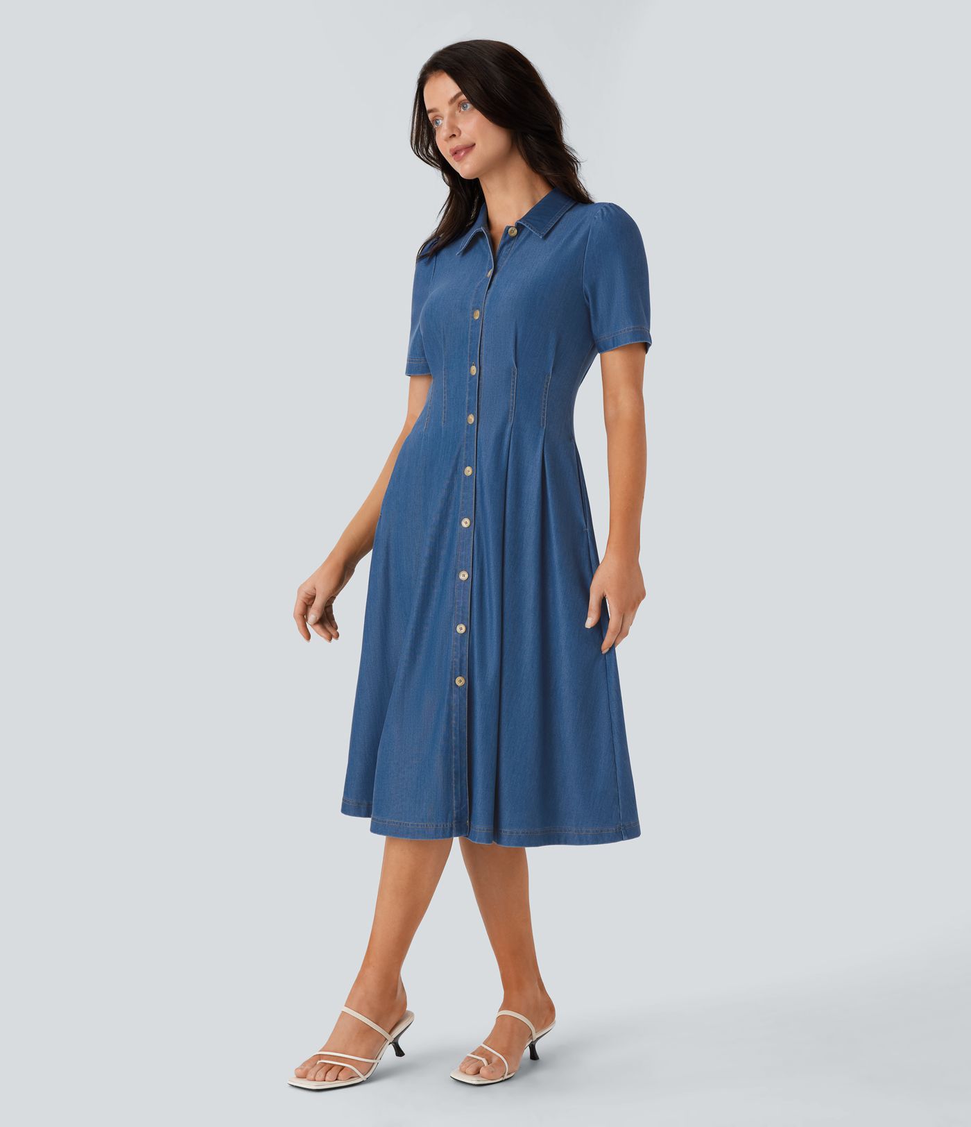 Halara Flex™ Short Sleeve Pocket Denim Flare Midi Casual Dress