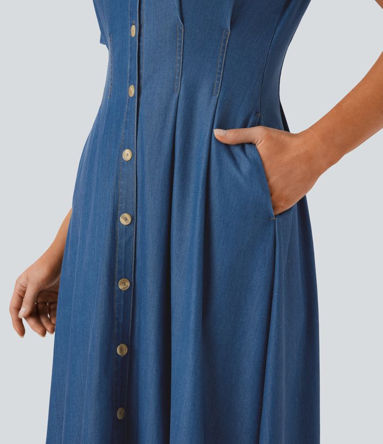 Vestido midi Halara Flex™ Denim acampanado mezclilla elástico cuello manga corta botón bolsillo lateral