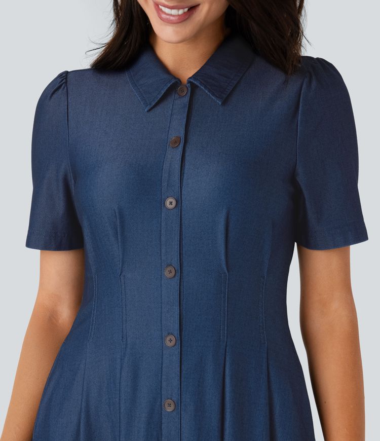 Halara Flex™ Short Sleeve Pocket Denim Flare Midi Casual Dress