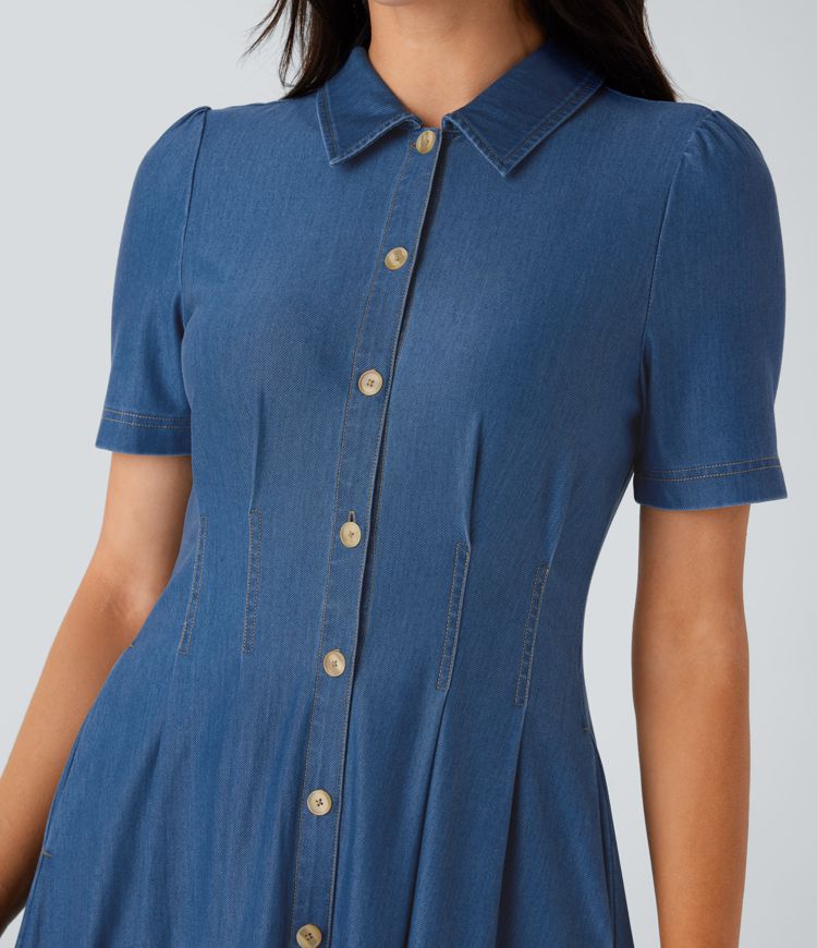 Vestido midi Halara Flex™ Denim acampanado mezclilla elástico cuello manga corta botón bolsillo lateral