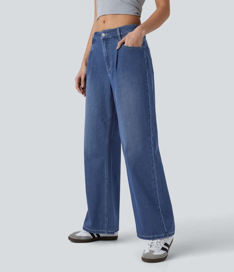 Halara Flex™ Low Rise Multiple Pockets Baggy Washed Stretchy Knit Casual Jeans