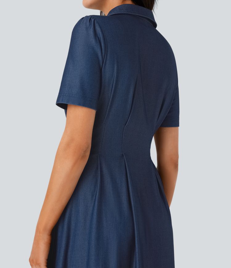 Halara Flex™ Short Sleeve Pocket Denim Flare Midi Casual Dress