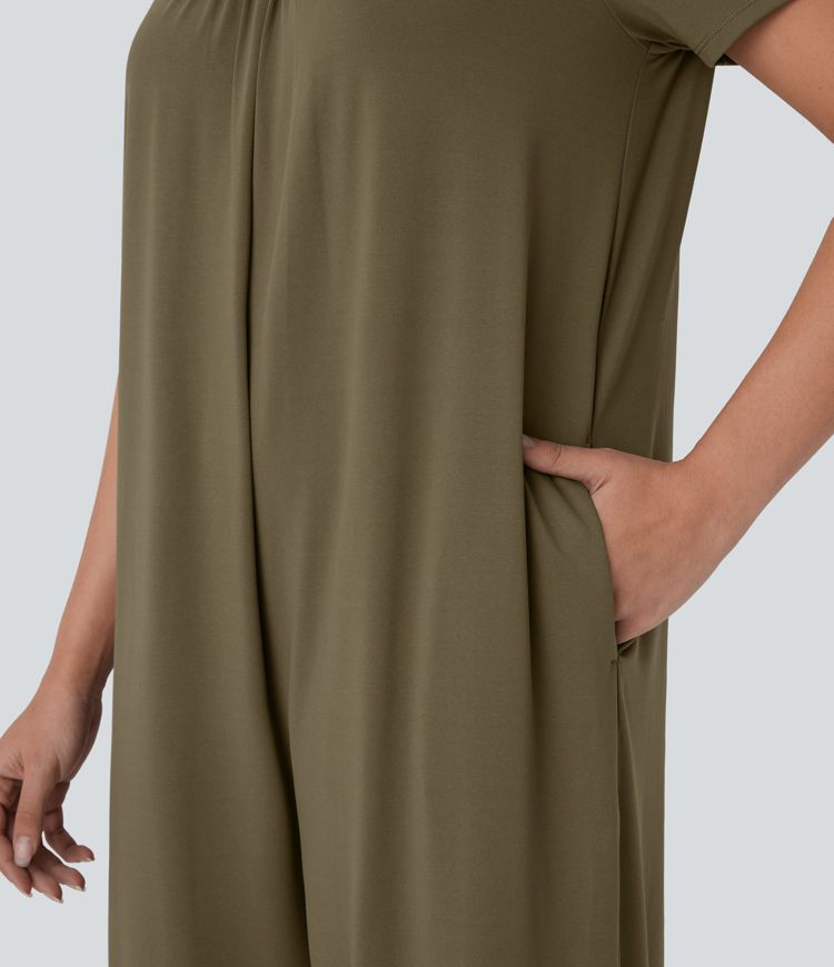 Mono holgado cuello redondo botón posterior bolsillo lateral