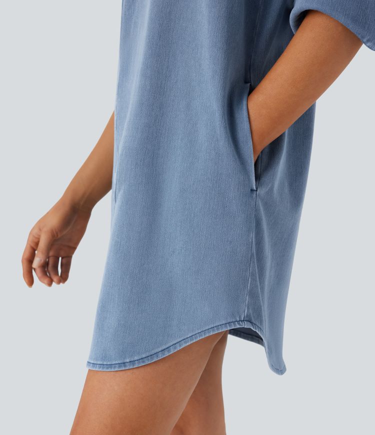 Vestido camisero denim Halara Flex™ casual de mezclilla elástica con dobladillo curvo y bolsillos