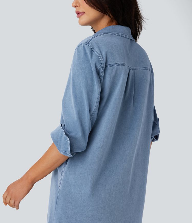 Vestido camisero denim Halara Flex™ casual de mezclilla elástica con dobladillo curvo y bolsillos