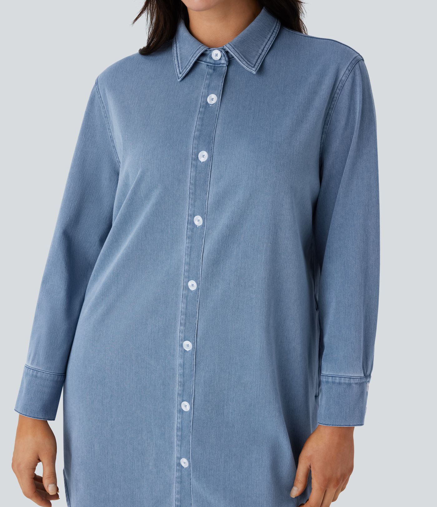 Robe chemise décontractée Halara Flex™ à ourlet incurvé, mini, cool touch, en denim, avec poches