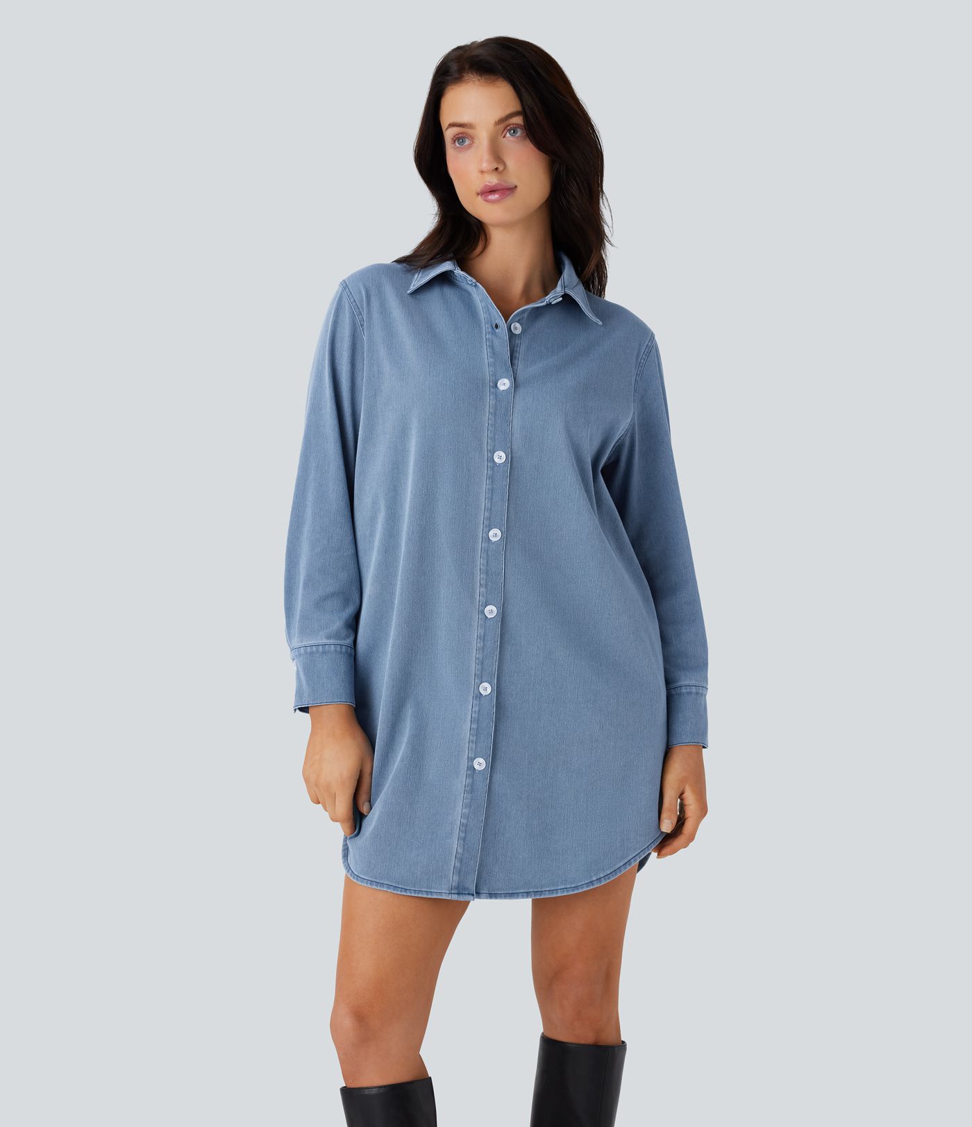 Robe chemise décontractée Halara Flex™ à ourlet incurvé, mini, cool touch, en denim, avec poches