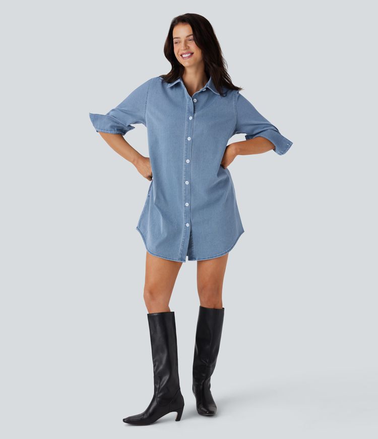 Vestido camisero denim Halara Flex™ casual de mezclilla elástica con dobladillo curvo y bolsillos