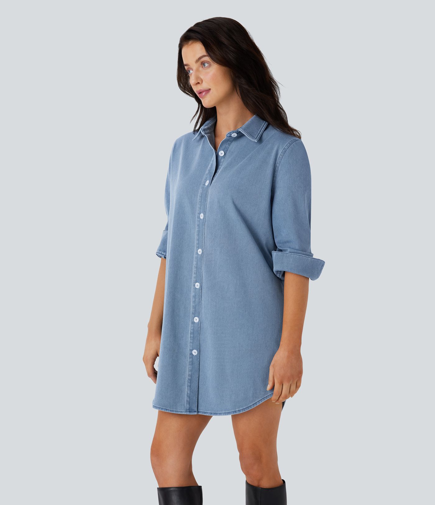 Robe chemise décontractée Halara Flex™ à ourlet incurvé, mini, cool touch, en denim, avec poches