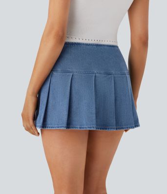 Halara Flex™ Falda Mini Casual de Mezclilla con Hebilla Decorativa, Cremallera y Pliegues Bajada 2 en 1