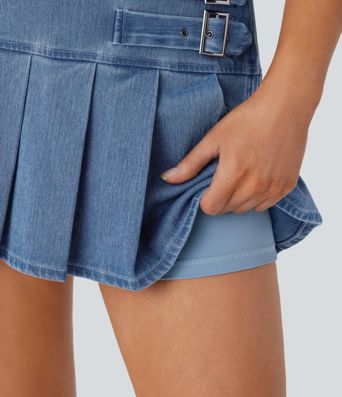 Halara Flex™ Falda Mini Casual de Mezclilla con Hebilla Decorativa, Cremallera y Pliegues Bajada 2 en 1