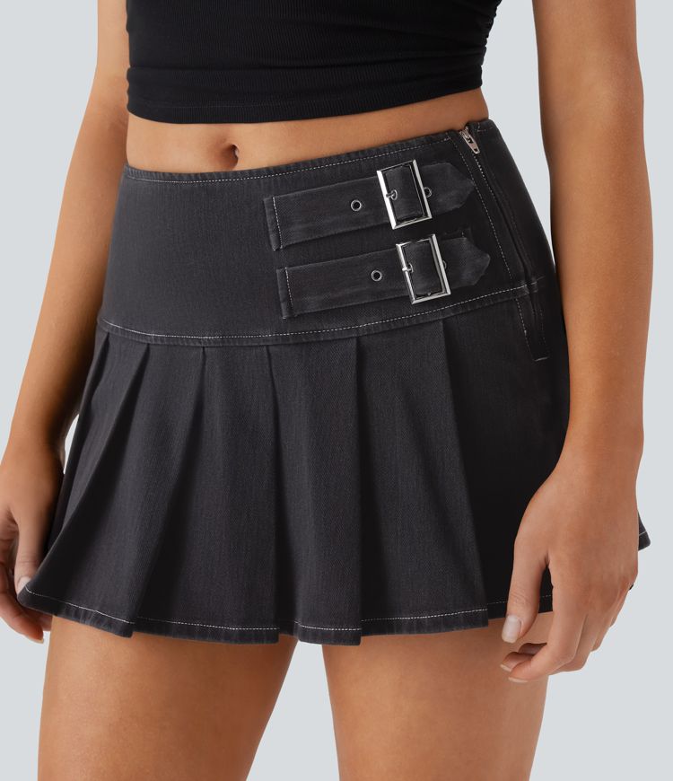Halara Flex™ Low Rise Decorative Buckle Zipper Pleated 2-in-1 Denim Mini Casual Skirt