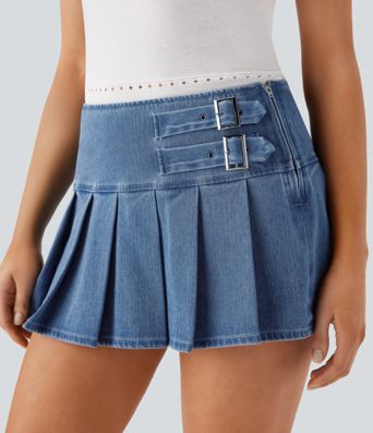 Halara Flex™ Falda Mini Casual de Mezclilla con Hebilla Decorativa, Cremallera y Pliegues Bajada 2 en 1