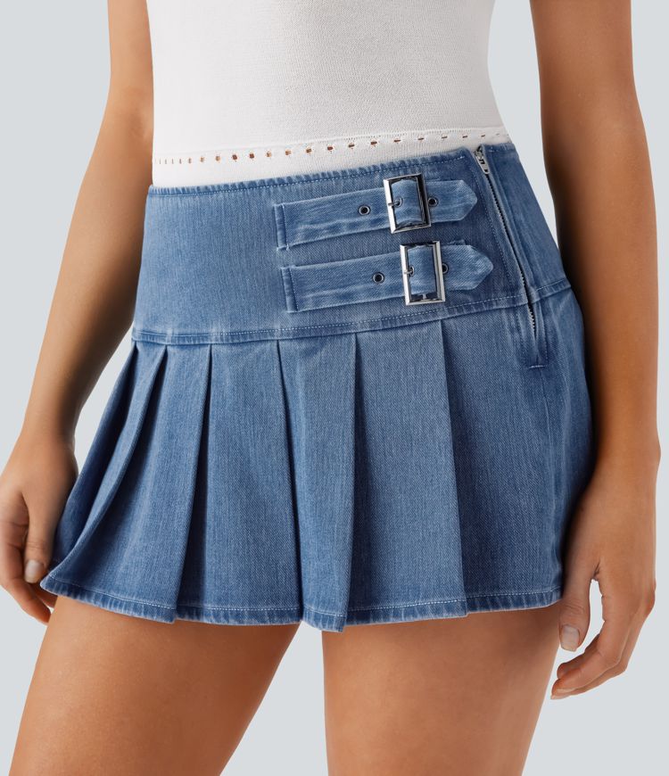 Halara Flex™ Falda Mini Casual de Mezclilla con Hebilla Decorativa, Cremallera y Pliegues Bajada 2 en 1