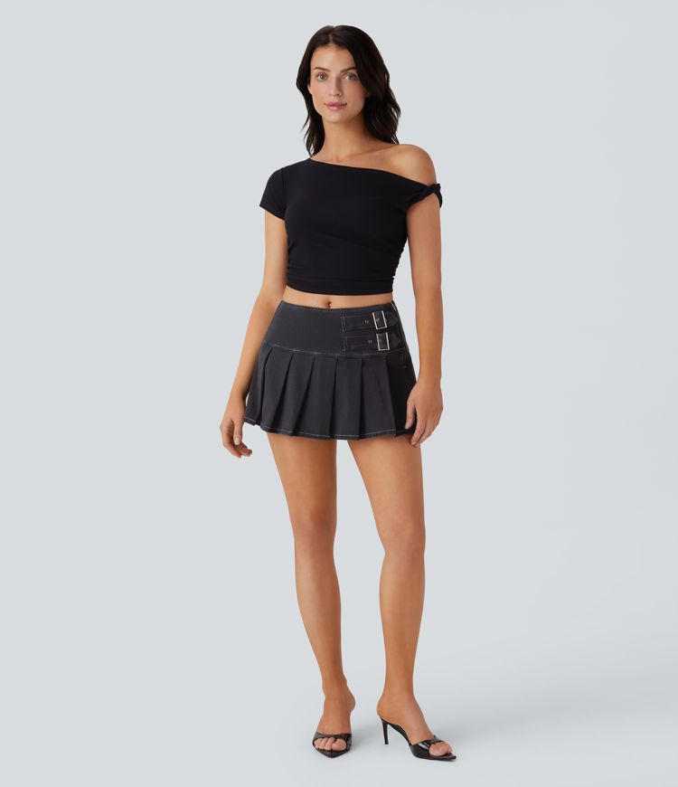 Halara Flex™ Low Rise Decorative Buckle Zipper Pleated 2-in-1 Denim Mini Casual Skirt