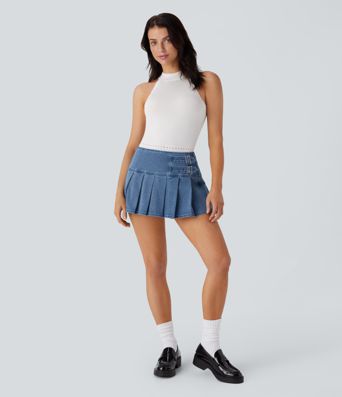 Halara Flex™ Falda Mini Casual de Mezclilla con Hebilla Decorativa, Cremallera y Pliegues Bajada 2 en 1