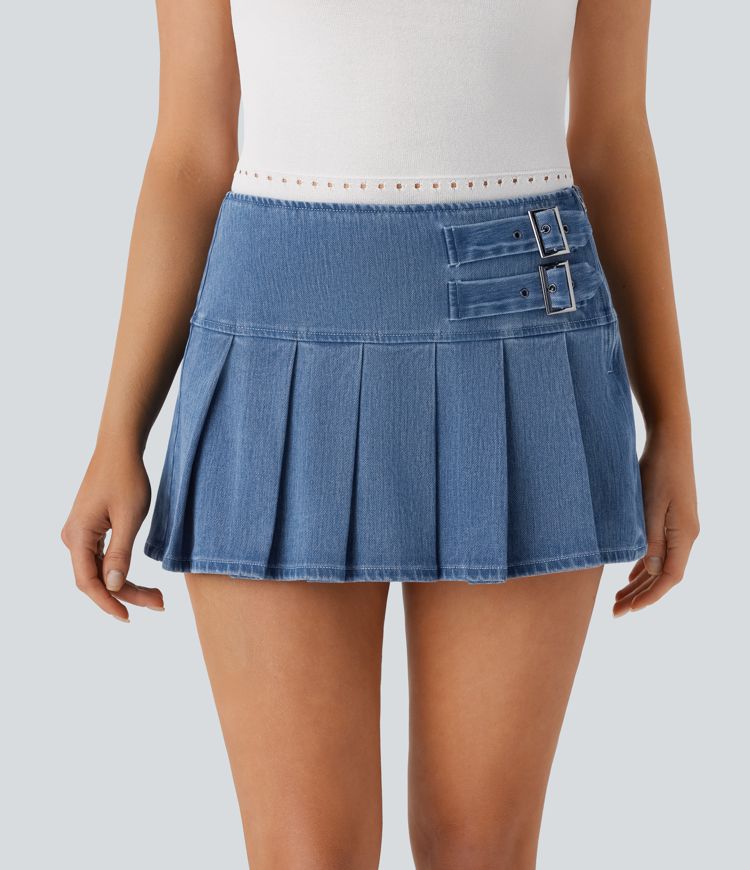 Halara Flex™ Falda Mini Casual de Mezclilla con Hebilla Decorativa, Cremallera y Pliegues Bajada 2 en 1