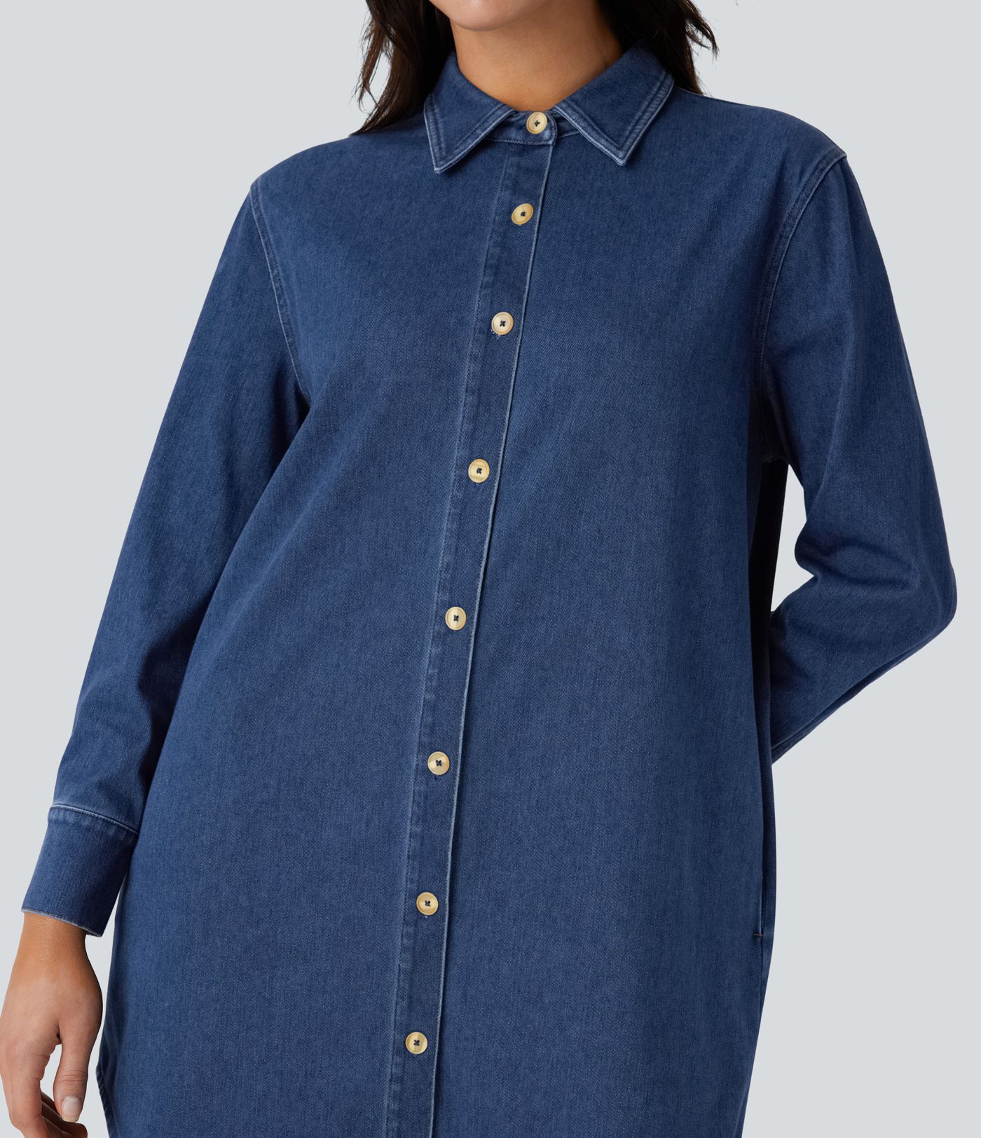 Halara Flex™ Curved Hem Relax Mini  Denim Casual Shirt Dress with Pockets