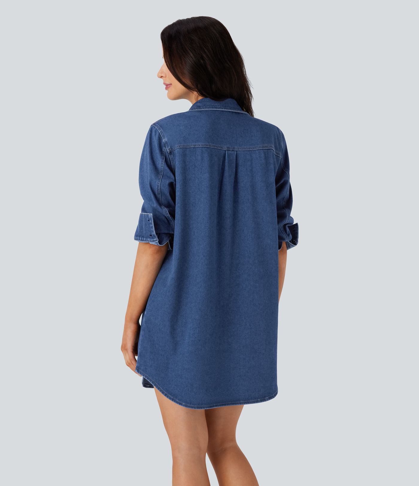 Halara Flex™ Curved Hem Relax Mini  Denim Casual Shirt Dress with Pockets