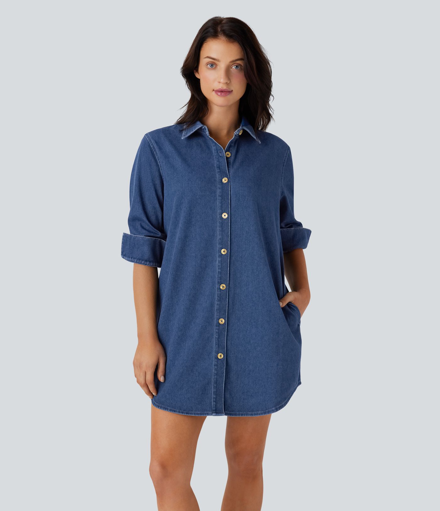 Halara Flex™ Curved Hem Relax Mini  Denim Casual Shirt Dress with Pockets