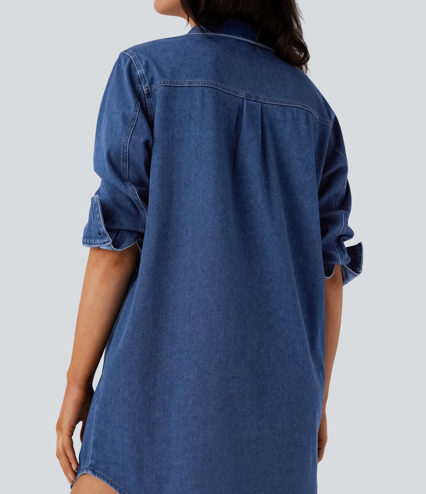 Halara Flex™ Curved Hem Relax Mini  Denim Casual Shirt Dress with Pockets
