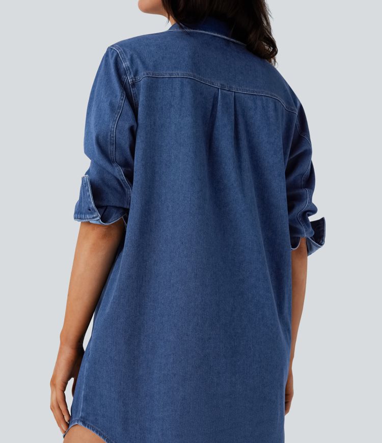 Halara Flex™ Curved Hem Relax Mini  Denim Casual Shirt Dress with Pockets