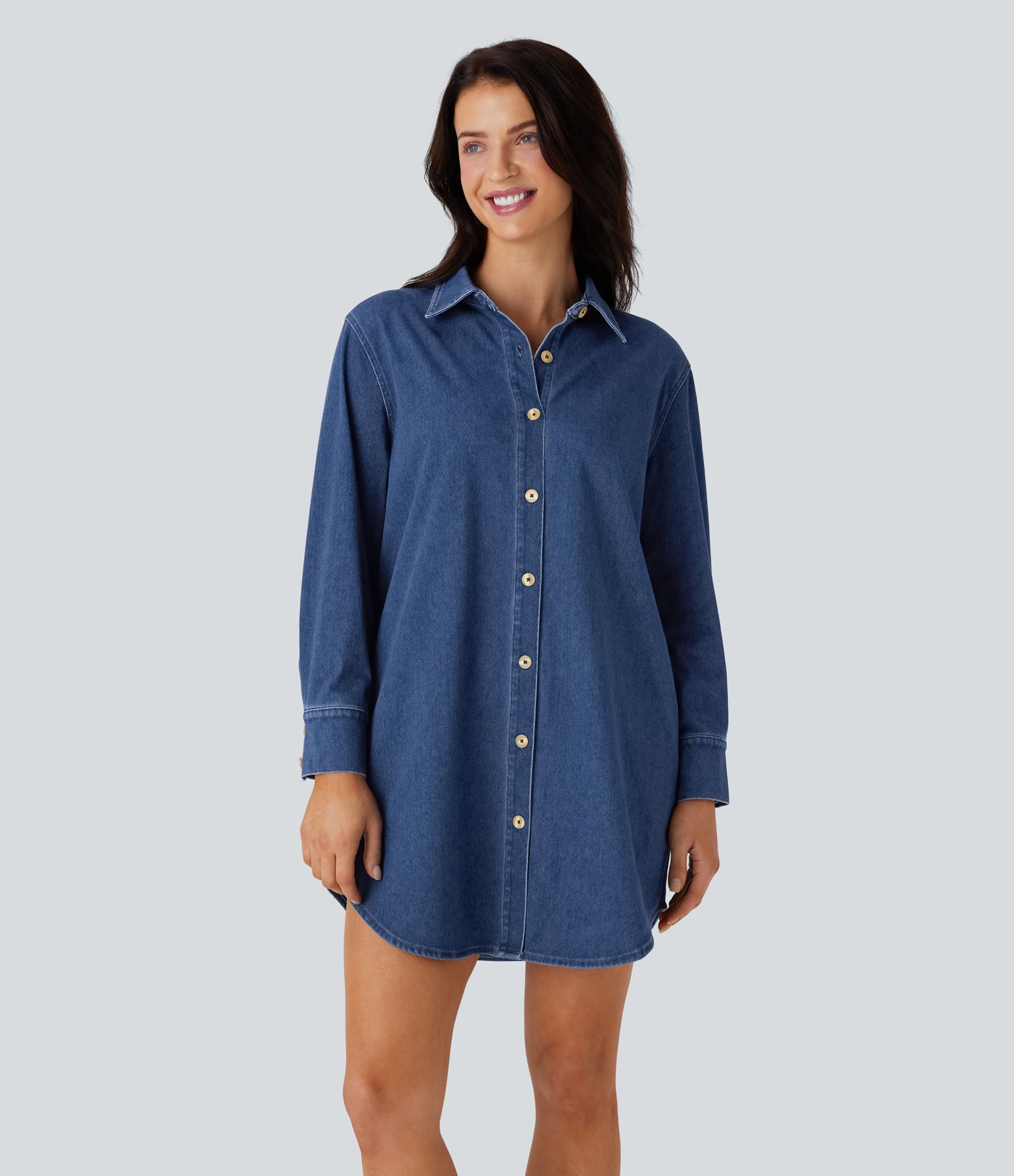 Halara Flex™ Curved Hem Relax Mini  Denim Casual Shirt Dress with Pockets