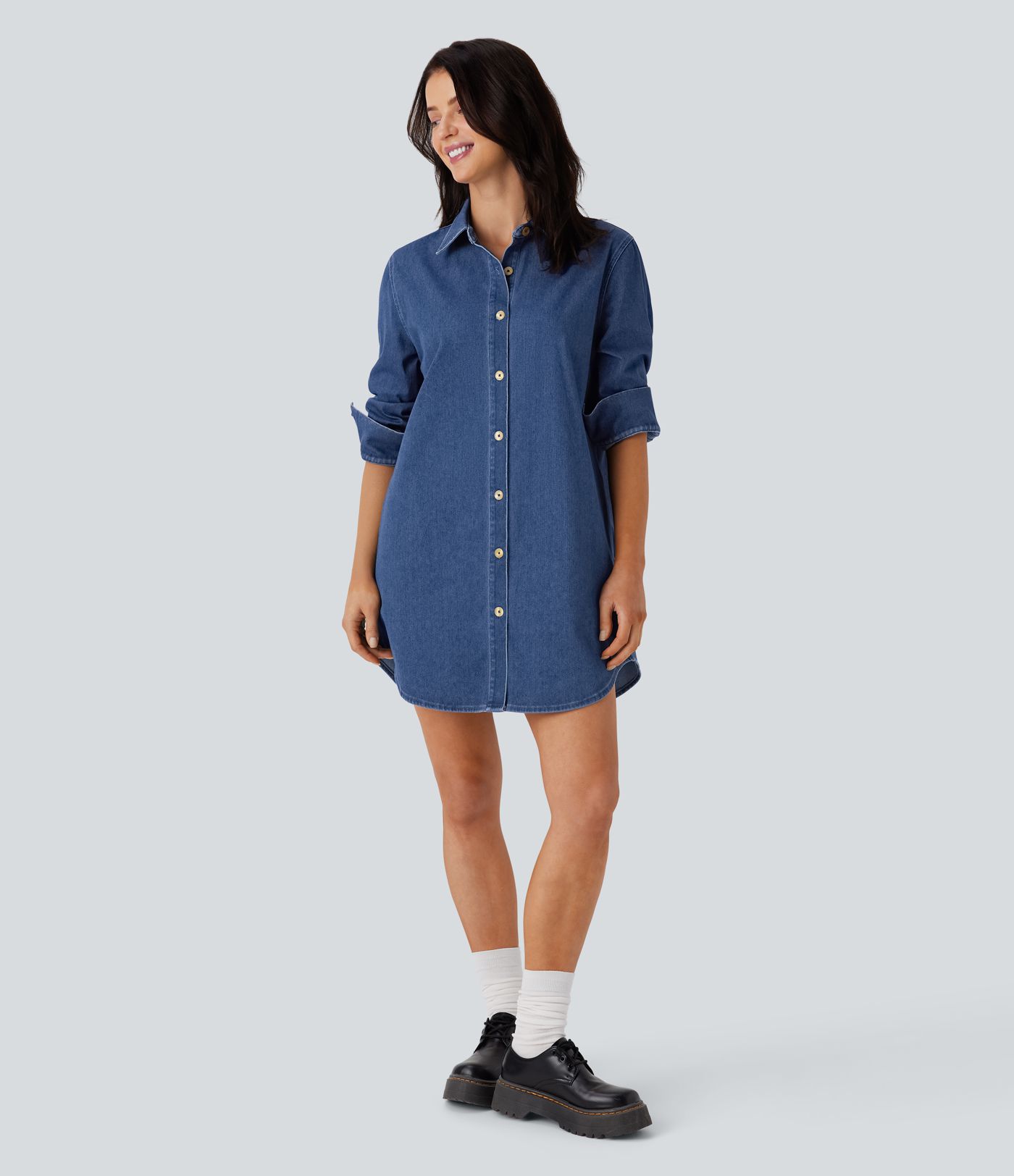 Halara Flex™ Curved Hem Relax Mini  Denim Casual Shirt Dress with Pockets