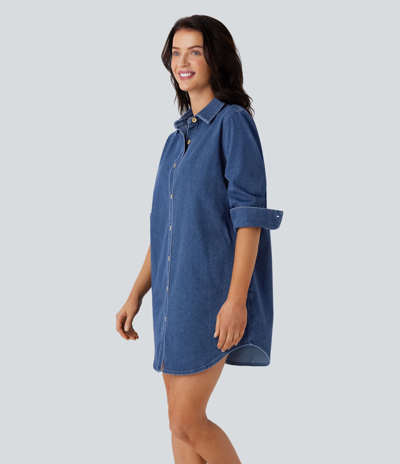 Halara Flex™ Curved Hem Relax Mini  Denim Casual Shirt Dress with Pockets