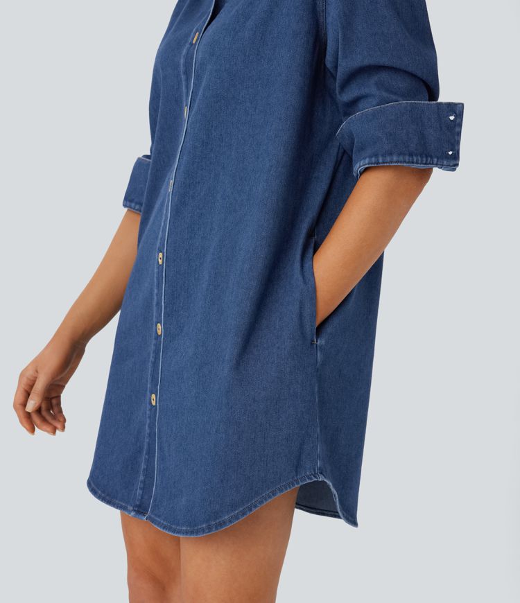 Halara Flex™ Curved Hem Relax Mini  Denim Casual Shirt Dress with Pockets