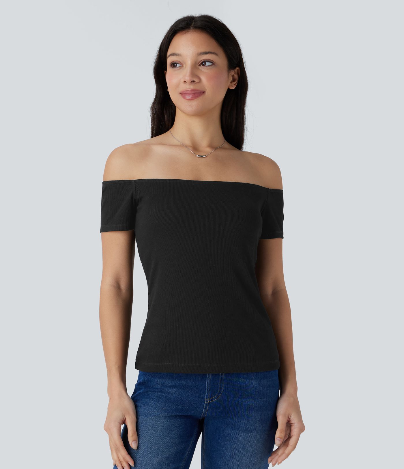 Top court décontracté à épaule dénudée en maille imprimée 2-en-1