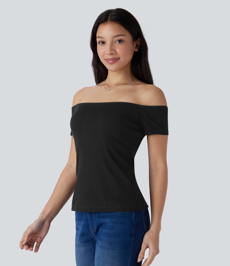 Ribbed Knit Off Shoulder Short Sleeve Backless 2-in-1 Casual Top