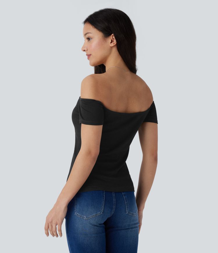 Ribbed Knit Off Shoulder Short Sleeve Backless 2-in-1 Casual Top