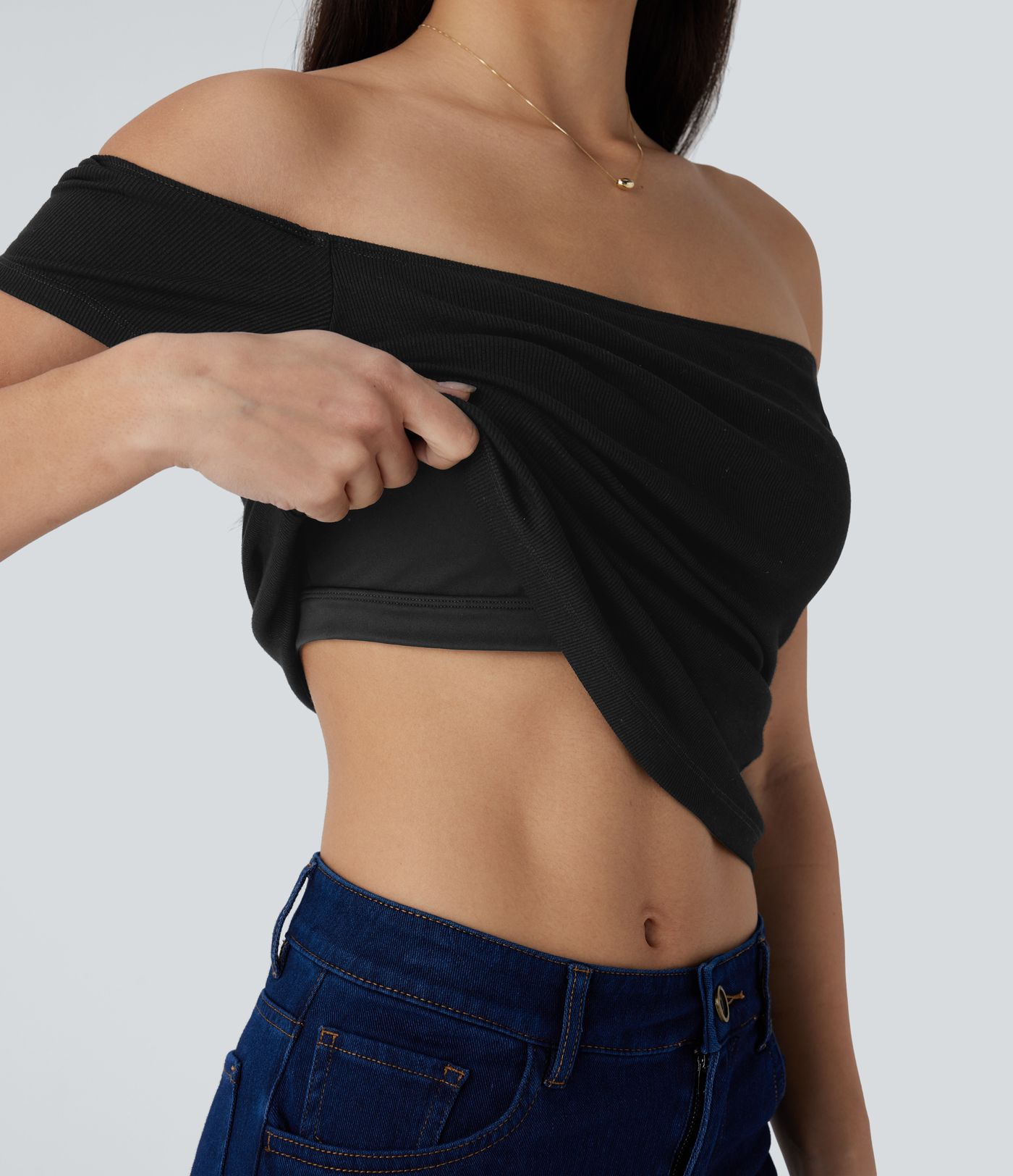 Top court décontracté à épaule dénudée en maille imprimée 2-en-1