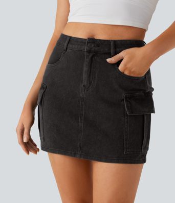 Halara Flex™ Mid Rise Zipper Pockets Denim Mini Casual Cargo Skirt